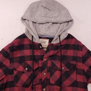 Straight Faded Casual Button Up Long Sleeve Hoodie Mens Size Small S Red Black